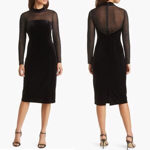 Eliza J Beaded Yoke Mixed Media Long Sleeve Sheath Dress, Black, Size 14, NWT
